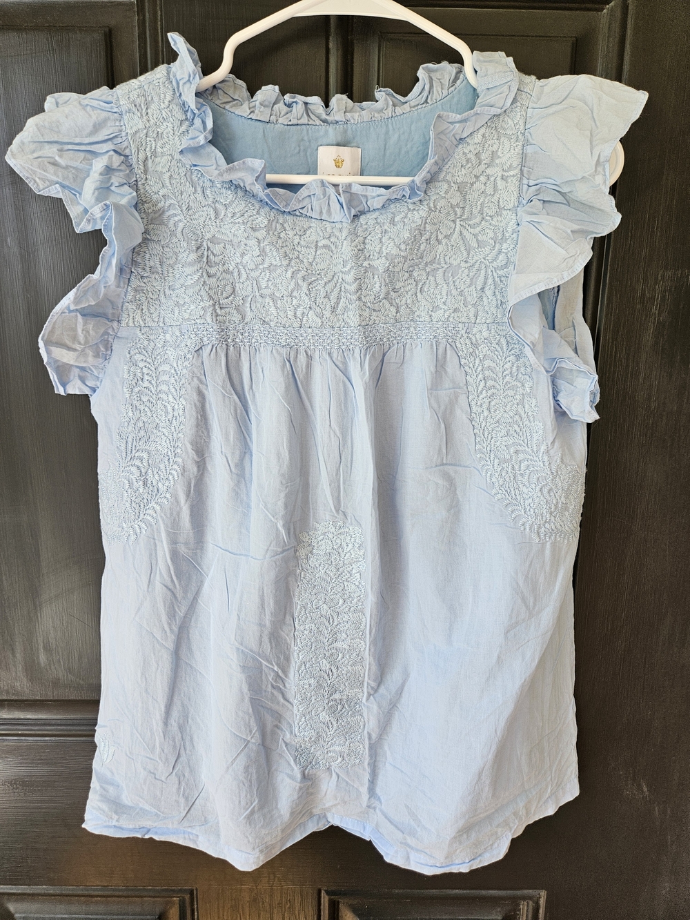Light Blue Ruffle-Sleeve Embroidered Cotton Blouse